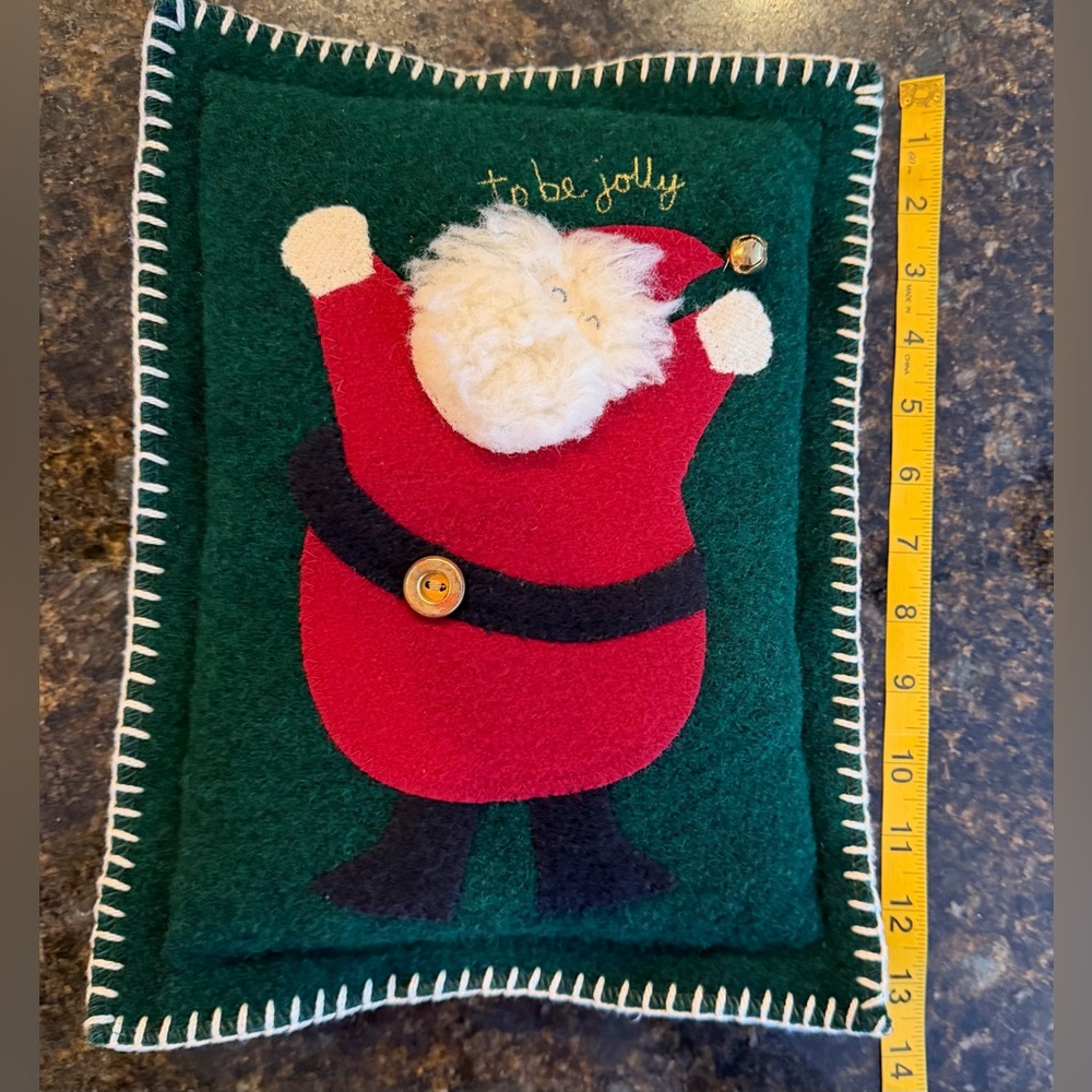 Vintage Woof & Poof Green Wool Santa Decorative Pillow